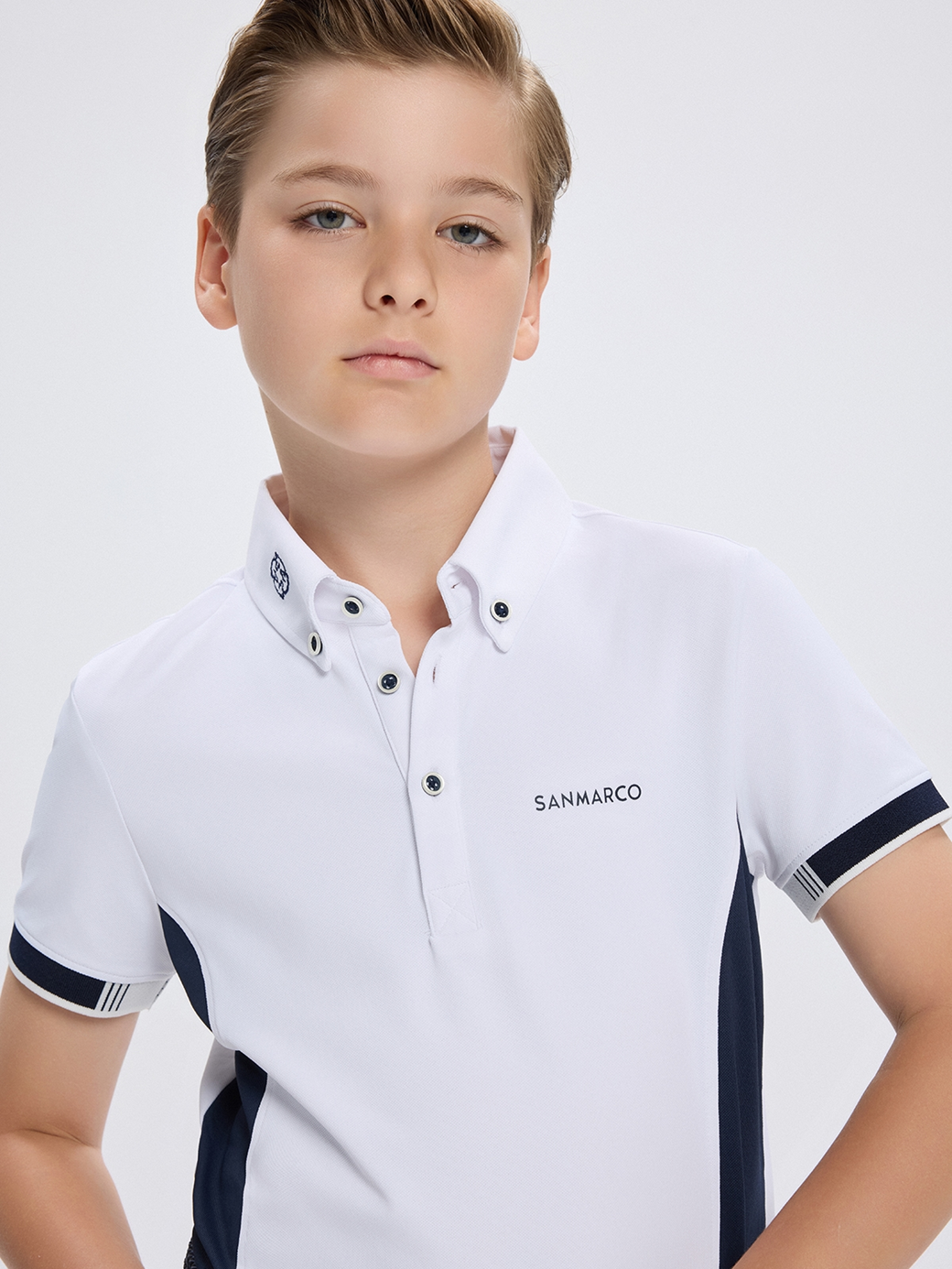 ENZO-JR WHITE/NAVY BOY'S COMPETITION POLO SHORT SLEEVE 
