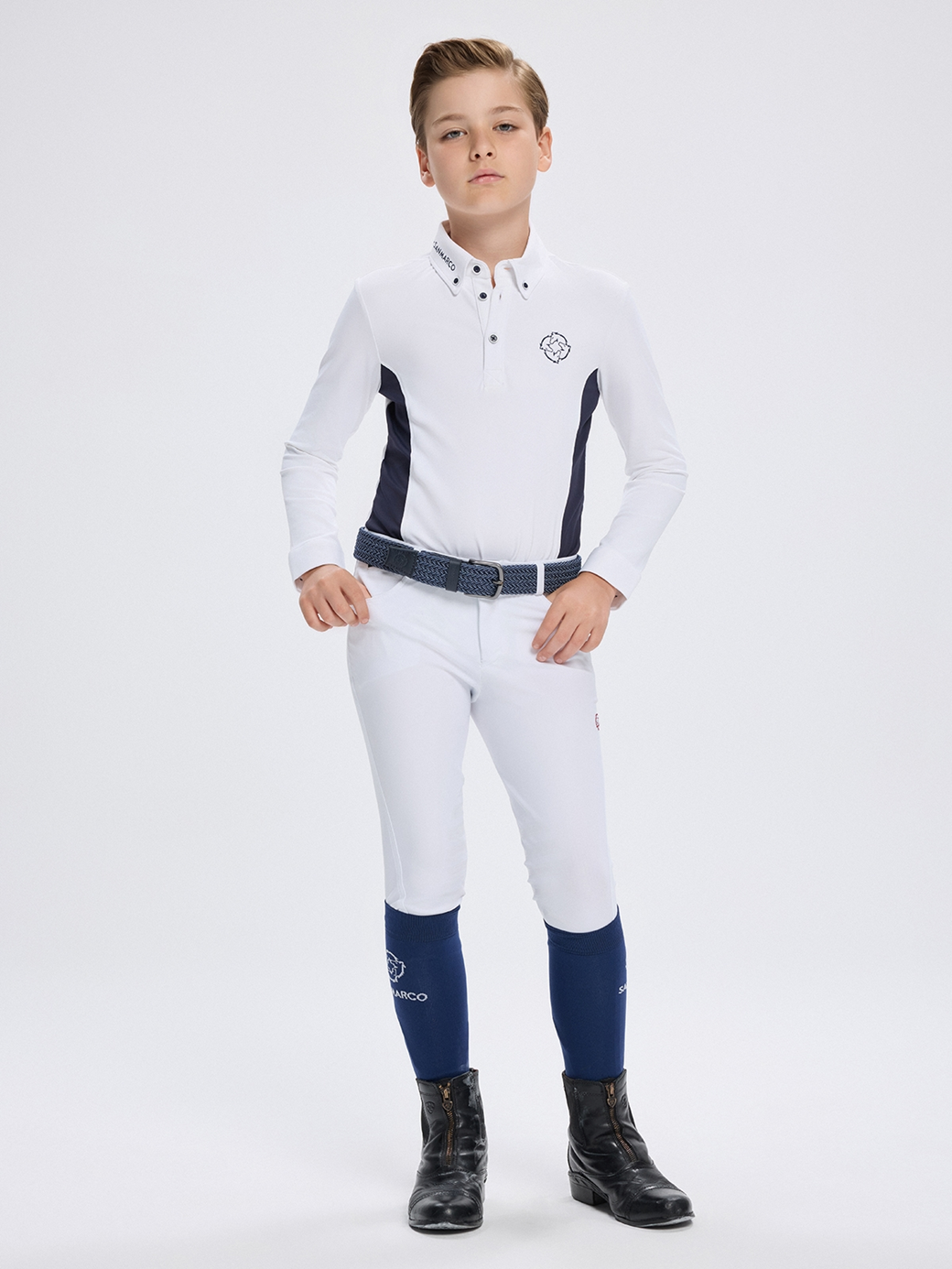 PAOLO-JR WHITE/NAVY BOY'S COMPETITION POLO LONG SLEEVE 